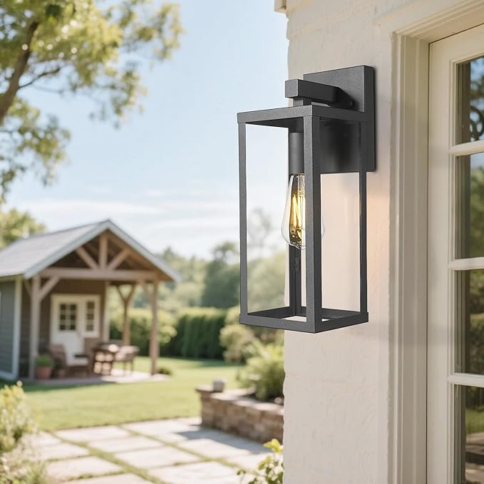 Outdoor Wall Light with Clear Glass, Anti-Rust Exterior Wall Sconce, Weather Resistant Outdoor Lantern, Exterior Lighting for Porch, Patio, Garage, Entryway (Black, 15.5" Height-2 Pack)