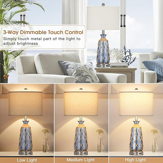 25.5" Coastal Glass Table Lamps Set of 2, 3-Way Dimmable Touch Control Bedside Lamps with 2 USB Ports and AC Outlet, Blue Nautical Nightstand Lamps for Bedroom Living Room (LED Bulbs Included)