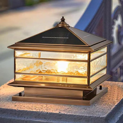All Copper Steel Glass Outdoor Post Lights, Waterproof Pillar Light, Vintage Patio Lawn Column Lamp,Outdoor Column Lights,Deck Lights, Lantern Fence Lamp Fixture E26 Base (Solar, 12X12in)