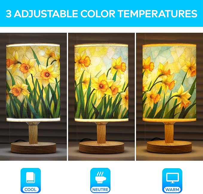 Daffodil Table Lamp LED 3-Color Pressed Bedside, Daffodil Shade Lamp with Wood Base for Bedroom Living Room Desk Office