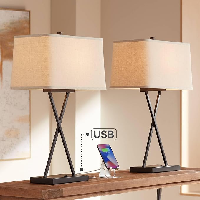 Franklin Iron Works Megan Modern Table Lamps 26.5" High Set of 2 with Hotel Style USB Charging Port LED Bronze Metal Rectangular Fabric Shade for Living Room Bedroom House Bedside Nightstand Home