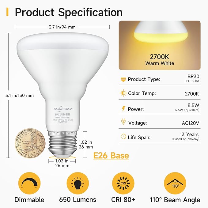 SHINESTAR 12 Pack Flood Light Bulb Indoor, 65W Equivalent Dimmable BR30 Led Recessed Lights Bulb, 2700K Soft Warm White, E26 Standard Base for Kitchen Ceiling, Recessed Can,650 Lumens, 8.5W