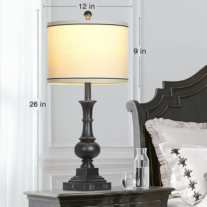 Farmhouse Table Lamps Set of 2, Vintage Bedside Lamps with USB A+C Charging Ports & AC Outlet, 26" Rustic Nightstand Lamp for Living Room Bedroom End Table Wash Black(2 LED Bulbs Included)