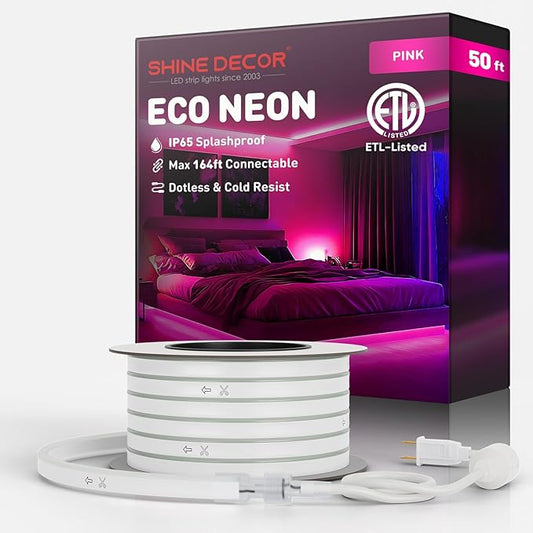 Shine Decor LED Rope Lights AC 120V, Connectable & Cuttable Dotless 120LEDs/M Eco Neon Strip Lighting, ETL IP65 Waterproof & Weather-Resistant for Home Commercial, 8x16mm, Pink, 50FT