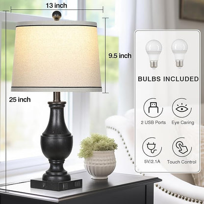 Table Lamps for Living Room Set of 2, Farmhouse Vintage Table Lamp with USB A+C Charging Ports & AC Outlet, 25" Black Rustic Traditional Lamps for Bedroom Nightstand Desk(2 LED Bulbs Included)
