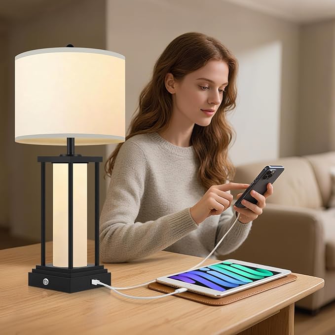 26.8‘’ Modern Table Lamps, Bedside Lamps, Night Stand Lamp, Table Lamp with USB Port, Elegant Lamps for Bedroom, 3 Color Temperatures, Stepless Dimming(Bulbs Included) - 1 Pack