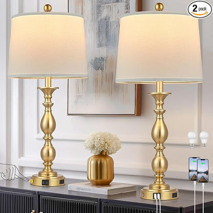 28" Tall Modern Table Lamps Set of 2 with USB A+C Ports and AC Outlet, 3 Way Touch Metal Bedside Lamps for Bedroom, Gold Farmhouse Nightstand Lamps for Living Room