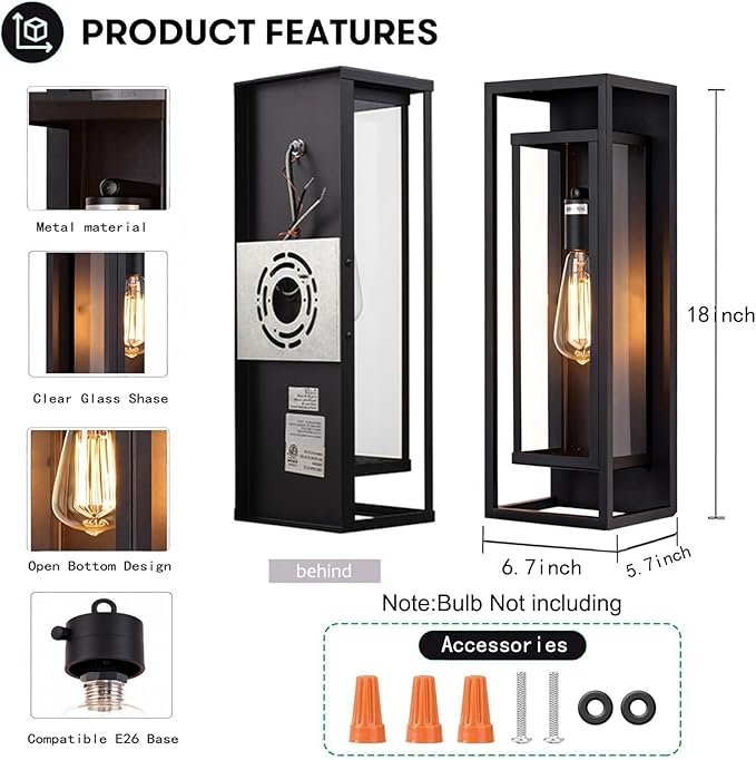 1 Pack 18 inches Outdoor Wall Lantern Light Fixture, Large Black Exterior Waterproof Wall Sconce, Anti-Rust Mount Porch Light with Clear Glass,E26 Socket