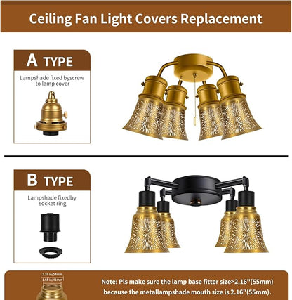 Ceiling Fan Replacement Globes, 4 Pack Chrysanthemum Pattern Fixture Replacement Globes Shades with 1-5/8" Fitter, ALUCSET 4.5" Height 4-3/4" Diameter, Metal Cover for Pendant Lamp-Yellow Brass&Gold