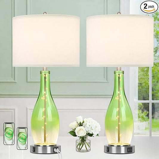 BesLowe 26in Tall Glass Table Lamps Set of 2 with 2 USB Charging Ports & LED Nightlight, Large Coastal Table Lamps for Living Room End Table, Modern Beach Lamps for Bedroom Bedside Nightstand, Green