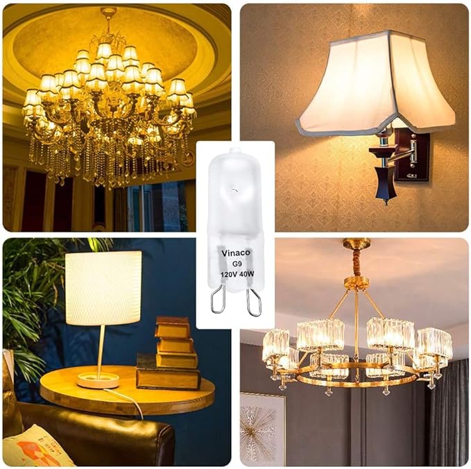 Vinaco G9 Bulb, 10 Pack G9 Frosted 40W Halogen Light Bulbs, High Brightness JCD G9 120V 40W, G9 Dimmable Warm White 2800K, Long Lasting G9 Halogen Bulb 40 Watt for Chandeliers, Pendants Lights