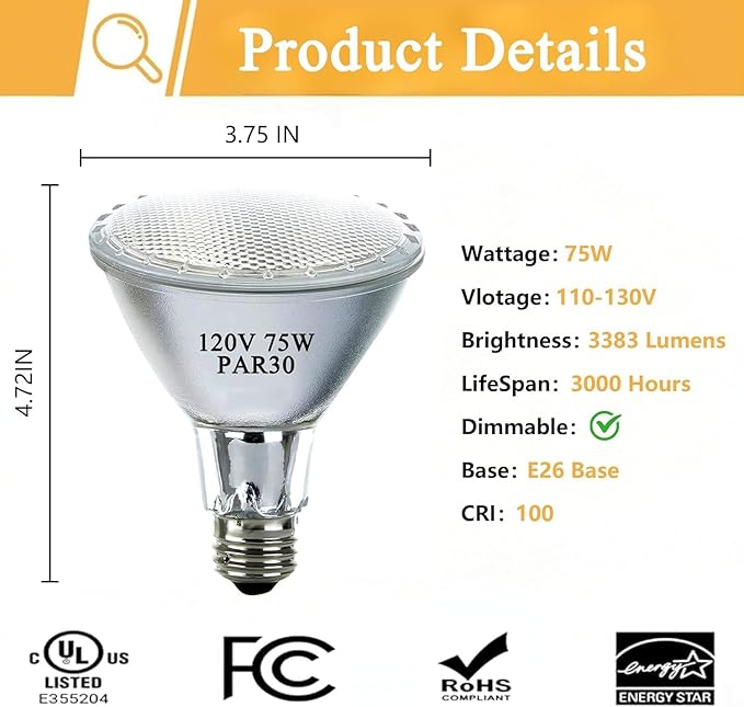 120V 75W Par30 Halogen Flood Light Bulbs, Halogen Long Neck Bulb, 2700K Warm White Dimmable High Brightness, Great for Accent Lighting, Tracking, Recessed Bulb 6Pack