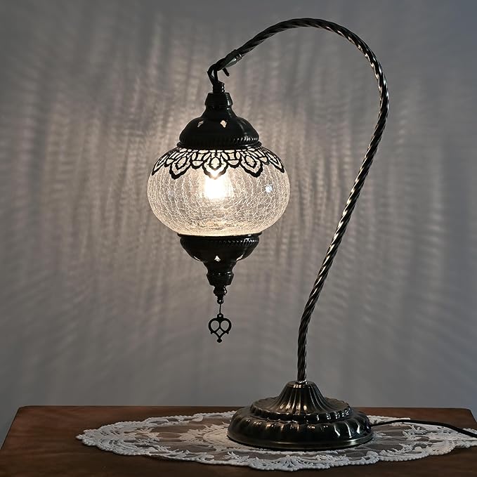 Swan Neck Turkish Moroccan Lamp Handmade Stained Mosaic Glass Vintage Lamp Shade Bohemian Tiffany Style Bedside Night Lamp Lighting for Bedroom Living Room (White)