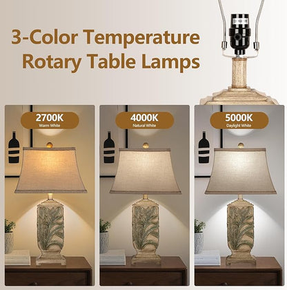 WIHTU 25" Vintage Table Lamps, 3 Color Temperature Rustic Retro Beside Lamp Set of 2, Farmhouse Resin Table Lamp for Living Room Bedroom Nightstands, Rotary Switch, Carved Leaf(2 Bulbs Included)