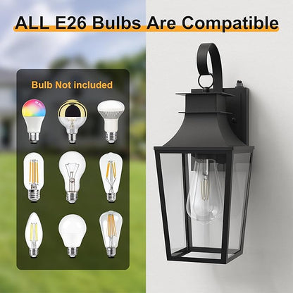 𝟏𝟔 𝐈𝐍𝐂𝐇 Outdoor Wall Light Fixtures, Dusk to Dawn Outdoor Lighting Wall Mount with E26 Sockets & Clear Glass Shades, Waterproof Exterior Black Porch Lights for Front Door Garage Patio
