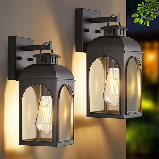 Outdoor Wall Lights, 2 Pack Outside Porch Lights Modern Wall Mount Exterior Lighting Fixtures Black Sconces Lanterns Waterproof Anti Rust for Farmhouse House Garage Doorway Front Door
