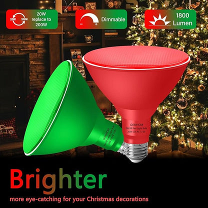 PAR38 Flood Lights Outdoor,Dimmable LED Flood Light Bulbs,20W(Equivalent to 200W),E26 Base,Outdoor Porch,Holiday Lighting,LED Flood Light Bulb for Halloween,Christmas,4 Pack Red Green