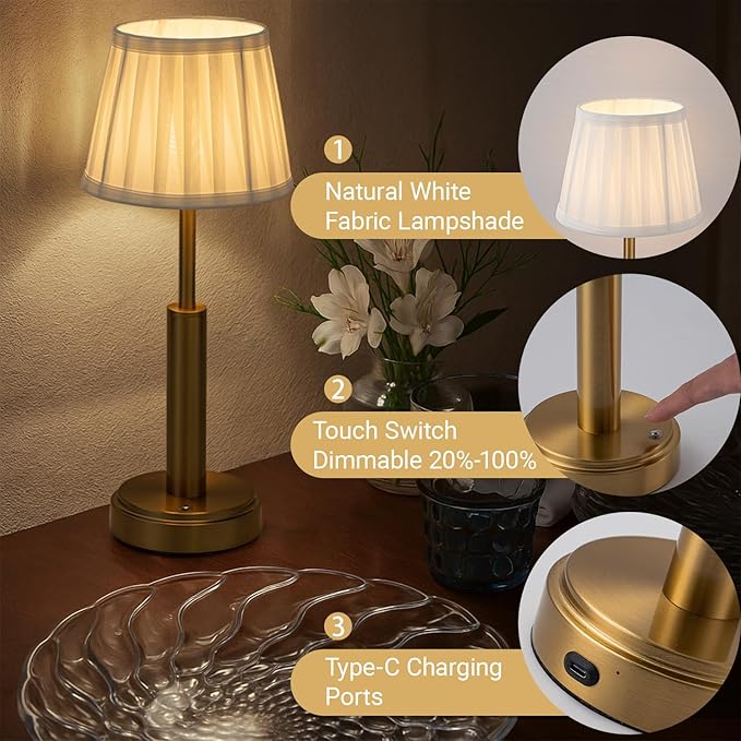 16'' Vintage Fabric Shade Rechargeable LED Table Lamp Touch Control Cordless USB Nightstand Lamp in Antique Brass with Stepless Dimming for Bedroom Dorm Living Room