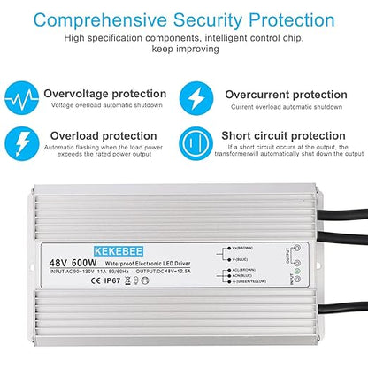LED Driver 48V600W Waterproof Power Supply AC90-130V to DC48V12.5A Low Voltage Converter IP67 Transformer Suitable for Indoor and Outdoor LED Lighting and Any 48V DC Device