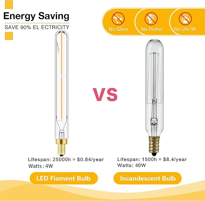 Leools E12 Led Long Bulb,7.3Inch Long Tubular Light Bulbs,T6 B11 Candelabra Bulb 40 watt for Chandeliers,Clear Glass,Warm White,2700K 400LM 4W Dimmable Tube E12 Led Edison,185mm,6Pack