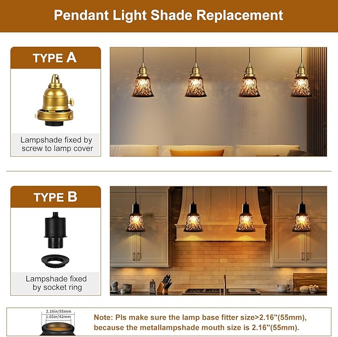 Pendant Light Shades, 4 Pack Ceiling Fan Light Shade Replacements with 1-5/8" Fitter, ALUCSET 4.72" Height and 4-3/4" Diameter, Metal Bell Shaped Cover for Chandelier Pendant Light Wall Sconces