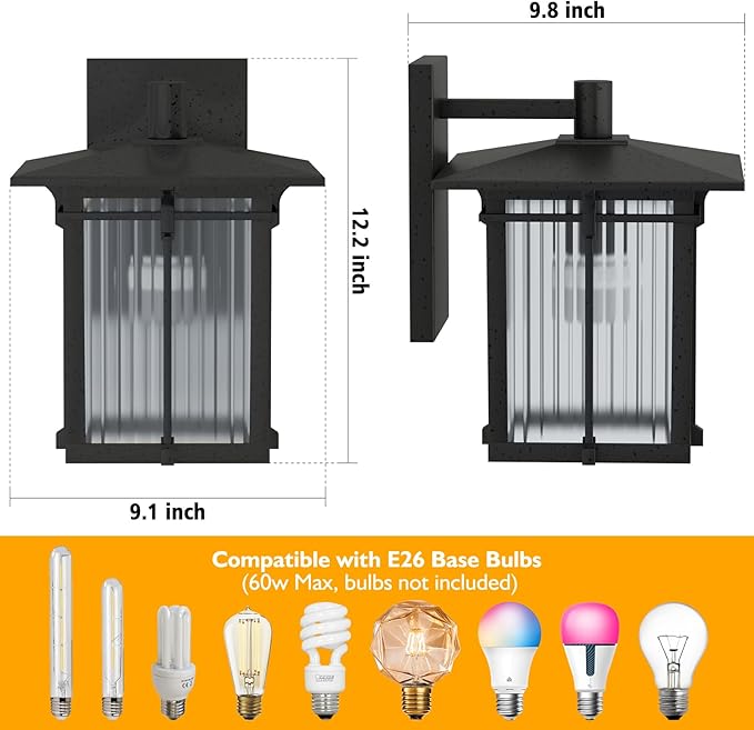 Retro Outdoor Wall Light for House, Outdoor Lighting Fixtures Wall Mount with Ribbed Glass, Soptted Black Aluminum Exterior Wall Lantern for Front Porch Garage Patio (12.2''H, 1 pc)