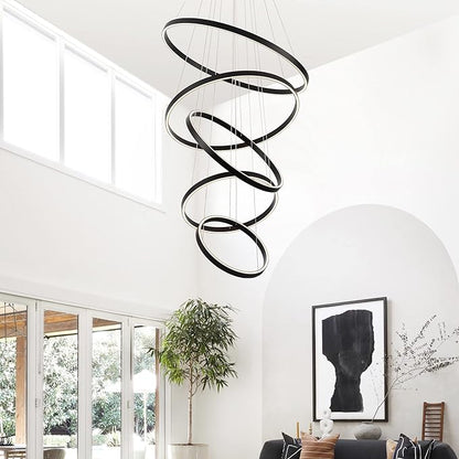 Elegant 5-Rings Black Modern LED Chandelier – Fully Dimmable High Ceiling Pendant Light for Dining Room, Living Room, Foyer & Staircase (Warm White 3000K, Adjustable Size 15.7"-31.4")