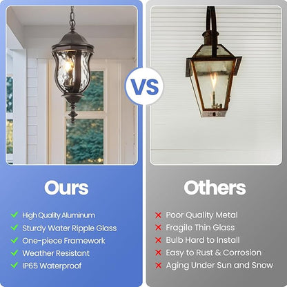Large Outdoor Pendant Light Fixtures, 19.1'' Exterior Hanging Lantern Porch Light Adjustable, Brown Hanging Lamp Farmhouse Exterior Chandelier Ceiling Mount for Entrance Patio