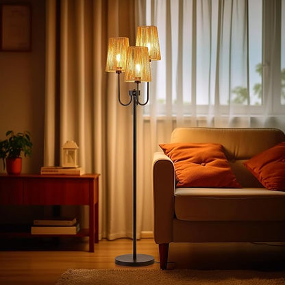 RORIANO Boho Floor Lamp for Living Room, 3-Light Rotary Switch Farmhouse Standing Bedroom Lamp with Rattan Shade, Tall Floor Lamps for Rustic, Coastal, Beach or Bohemian Decor, 3 LED Bulbs Included