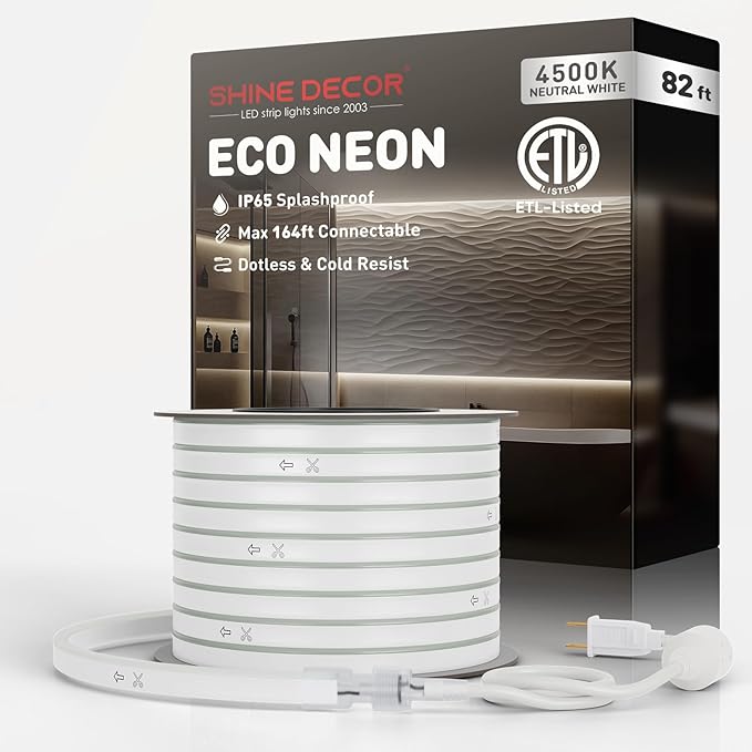 Shine Decor LED Rope Lights AC 120V, Connectable & Cuttable Dotless 120LEDs/M Eco Neon Strip Lighting, ETL IP65 Waterproof & Weather-Resistant for Home Commercial, 8x16mm, 4500K Neutral White, 82FT