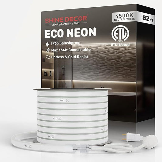 Shine Decor LED Rope Lights AC 120V, Connectable & Cuttable Dotless 120LEDs/M Eco Neon Strip Lighting, ETL IP65 Waterproof & Weather-Resistant for Home Commercial, 8x16mm, 4500K Neutral White, 82FT