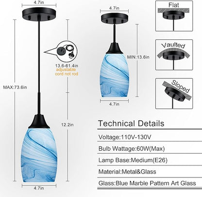 Mini Glass Pendant Light 4.72" with Handblown Blue Marble Art Glass Hanging Light 3-Pack Oval Ceiling Hanging Light Fixture for Dining Room Kitchen Island Cafe Foyer Hallway