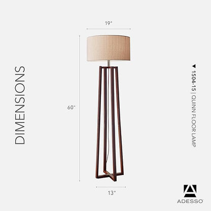 Adesso Floor Lamp with Walnut Birch Wood & Natural Linen Lampshade - 3-Way Adjustable Brightness, Lamp for Bedroom, Living Room, and House Décor, 60” x 19”