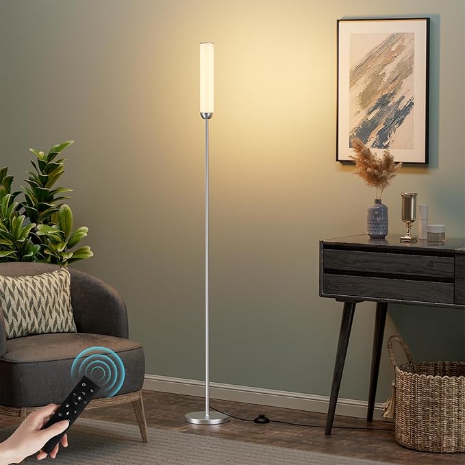 Ambimall LED Floor Lamp with Remote Control, 65" Standing lamp with Stepless Adjustable 3000K-6500K Colors & 30-100% Brightness, Foot Switch(Silver)