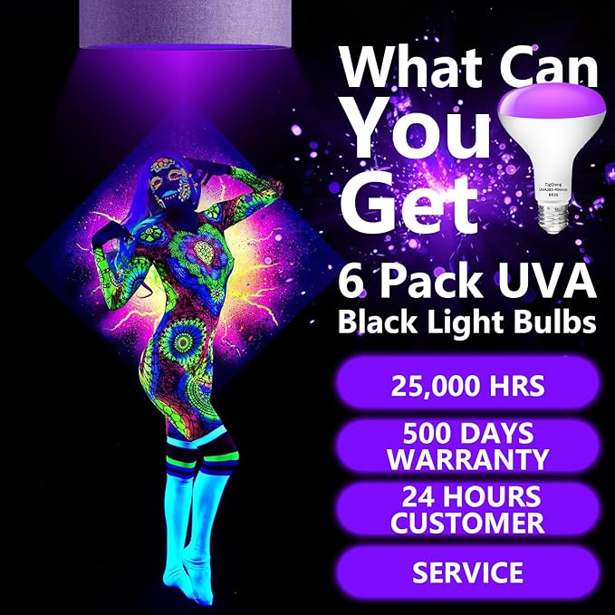 White Casing Black Light Bulbs, Blacklight Bulb 6 Packs, 120W Equivalent, E26 BR30 LED Black Light Bulb 385-400nm for Halloween Christmas Decor, Body Paint, Glow Party, Fluorescent Poster