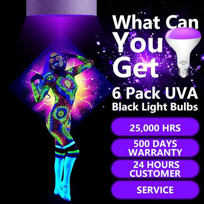 White Casing Black Light Bulbs, Blacklight Bulb 6 Packs, 120W Equivalent, E26 BR30 LED Black Light Bulb 385-400nm for Halloween Christmas Decor, Body Paint, Glow Party, Fluorescent Poster