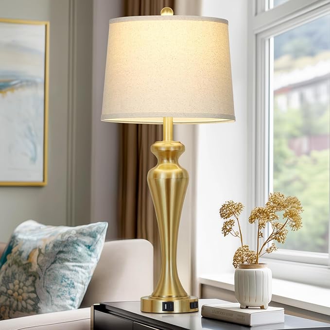 30 Inch Gold Single Table Lamp, 3-Way Dimmable Touch Control Bedside Lamps with USB A+C Ports and AC Outlet, Metal Brass Bedroom Lamps for Night stand, Modern Tall Lamp for Living room end table
