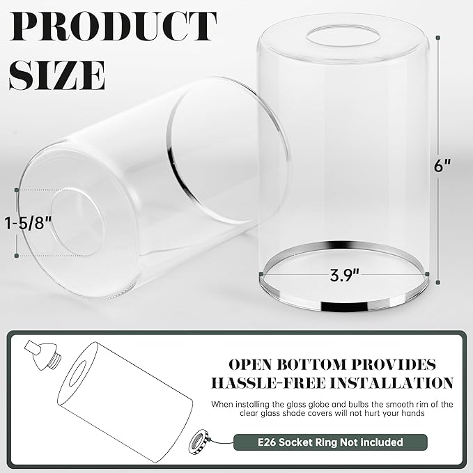 6 Pack Clear Glass Lamp Shade Replacements, Cylinder Glass Lamp Shade Globe Covers for Light Fixtures, Transparent Lampshades with Silver Border for Wall Sconces Chandelier Pendant Vanity Lights