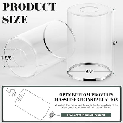 6 Pack Clear Glass Lamp Shade Replacements, Cylinder Glass Lamp Shade Globe Covers for Light Fixtures, Transparent Lampshades with Silver Border for Wall Sconces Chandelier Pendant Vanity Lights