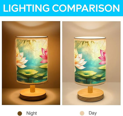 Lotus Table Lamp LED 3-Color Pressed Bedside, Lotus Shade Lamp with Wood Base for Bedroom Living Room Desk Office
