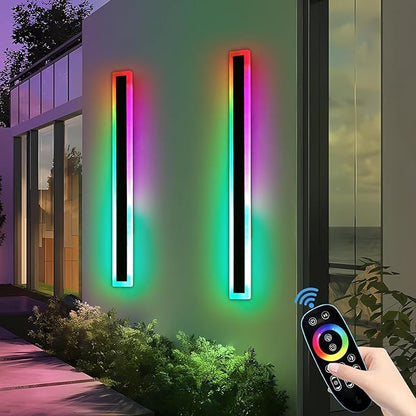 2 Pack Modern Outdoor Wall Lights, 39.3inch RGB LED Wall Sconce, IP65 Waterproof, Multi-Color Dimmable Light Fixture, Wall Mounted Lamps for Porch, Patio, Garage, House, with Remote Control