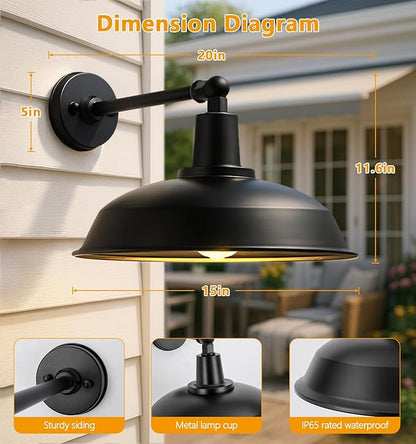 15-inch Large Outdoor barn Light, Straight arm Design, Classic Farmhouse Style Wall-Mounted gooseneck barn Light, Waterproof and rustproof Outdoor Wall lamp, Suitable for garages, porches, and patios