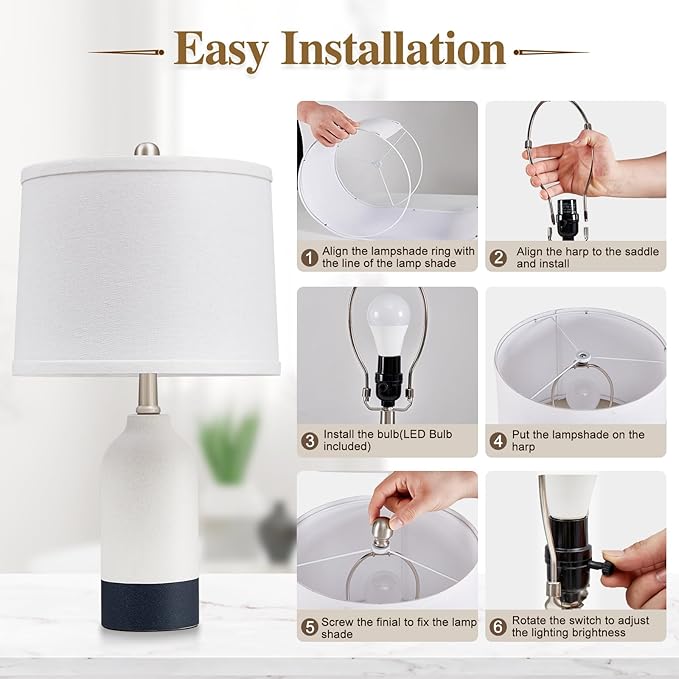 Modern Ceramic Table Lamp Set of 2, Adjustable Color Temperature Bedside Lamps for Night Stands with Fabric Drum Shade, Nightstand Lamps for Bedroom, Living Room, Desk, Includes 2 Bulbs (21.4")