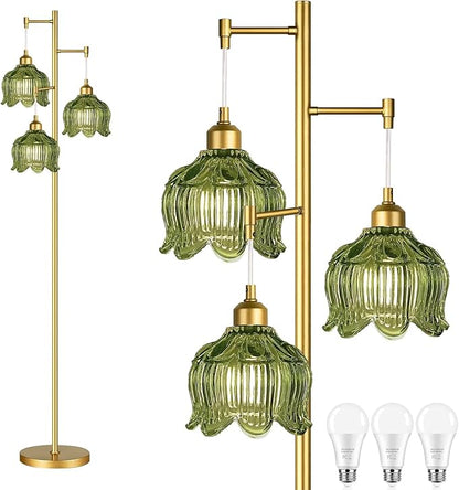 Gold Floor Lamp for Living Room,Bedroom,Mid Century Modern Standing Lamp Brass Tree 3 Light Tall Floor Lamps Vintage Retro Floor Lights Glass Green Flower Lamp Shade Farmhouse Boho Bohemian