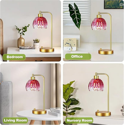 Pink Table Lamp Set of 2,Small Gold Bedside Lamps Dimmable Boho Bedroom Lamp with Flower Glass Lamp Shade,Vintage Mid Century Modern Mini Nightstand Lamp for Girls Kids Bedroom Living Room