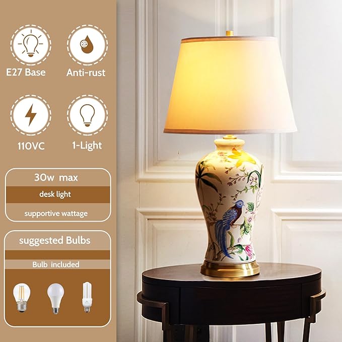 PURESILKS White Ceramics Table Lamp 25.5" Chinoiserie Lamp Flower and Bird Table Lamp American Handmade Beige Linen Drum Shade Decor for Living Room Bedroom
