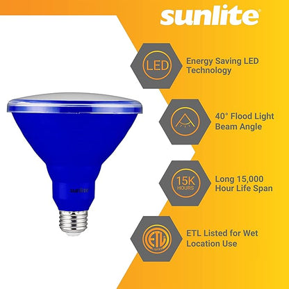 Sunlite 40244 LED PAR38 Colored Recessed Light Bulb, 15 watt (75W Equivalent), Medium (E26) Base, Floodlight, ETL Listed, Blue, 3 Pack