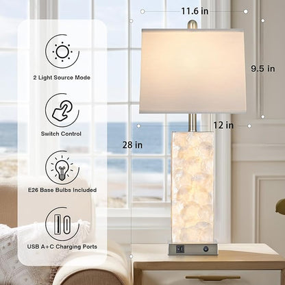 28" Coastal Table Lamps for Living Room Set of 2, Bedside Lamps with Night Light, USB A+C Ports, Modern Sea Shell Bedside Night Stands Light for Beachy Cottage Decor (Silver)