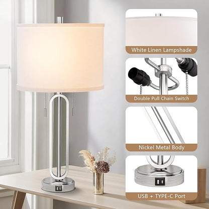 26.5’‘ Industrial Table Lamp Set of 2, Nickel Metal Bedside Lamp with USB C+ A Ports & Pull Chain, Modern Farmhouse Nightstand Lamp for Bedroom, Living Room, Home Office with White Shade