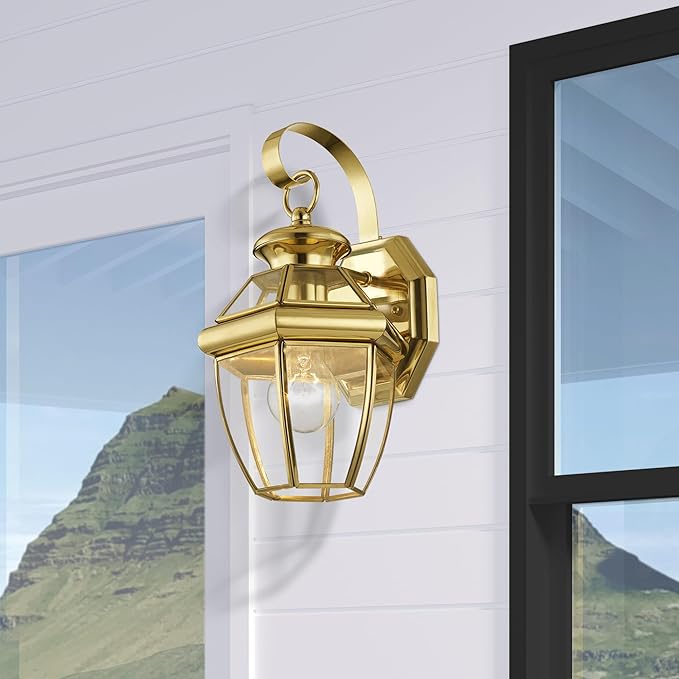 Livex Lighting 2051-02 Monterey 1 Light Outdoor Polished Brass Finish Solid Brass Wall Lantern with Clear Beveled Glass, Gold